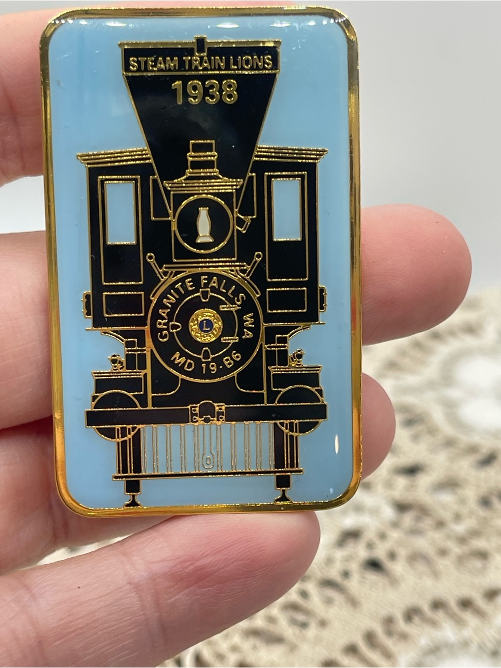 Steam Train Lions‎ 1938 Enamel Lapel Pin - Light Blue & Gold